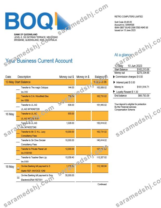 BANK of Queensland business checking account statement Word and PDF template